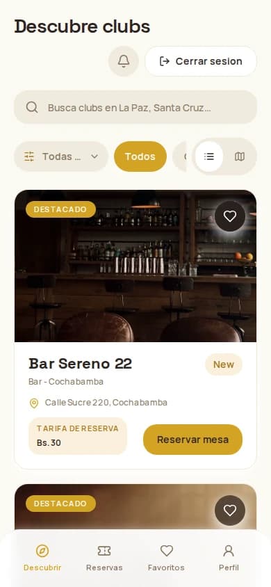 Pantalla de descubrir locales en MiReservaApp