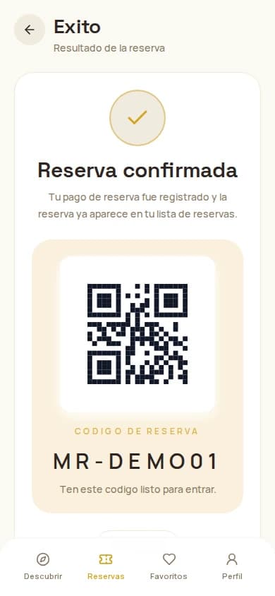 Confirmación de reserva en MiReservaApp, con código y QR